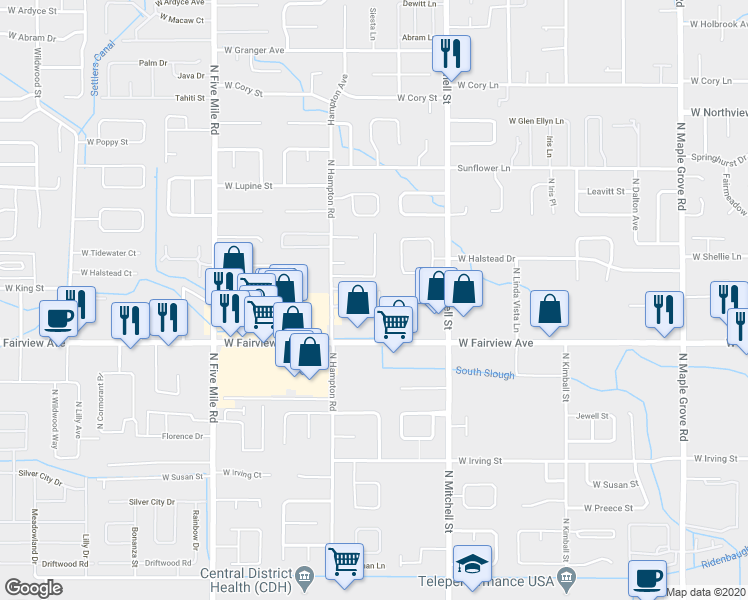 map of restaurants, bars, coffee shops, grocery stores, and more near 10012 West Eshelman Street in Boise