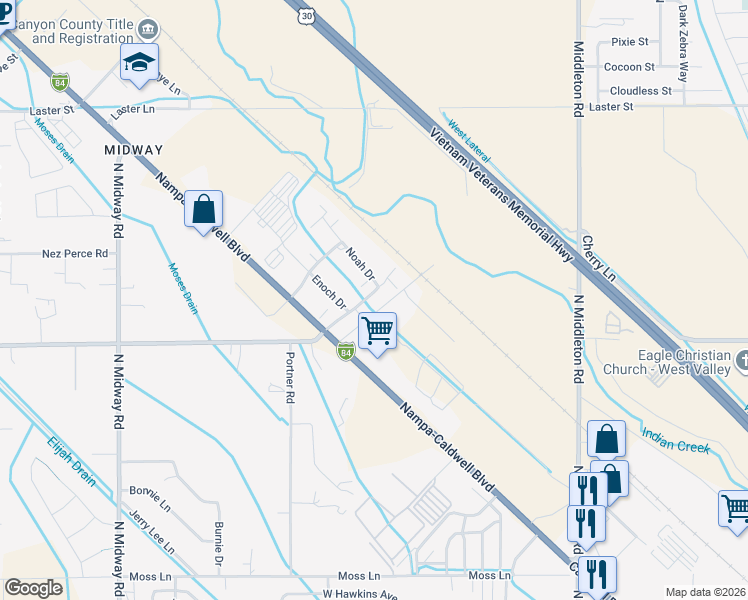 map of restaurants, bars, coffee shops, grocery stores, and more near 7105 Noah Drive in Caldwell