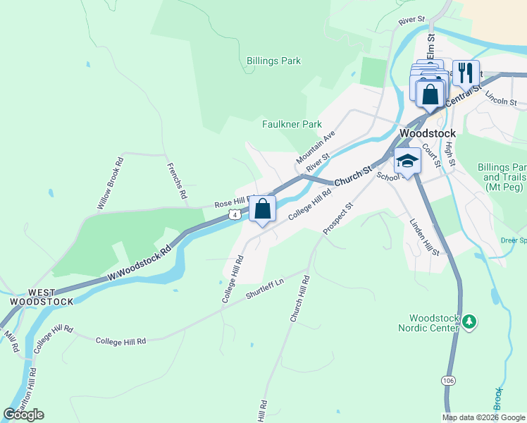 map of restaurants, bars, coffee shops, grocery stores, and more near 76 U.S. 4 in Woodstock