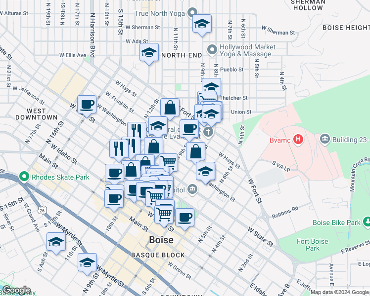 map of restaurants, bars, coffee shops, grocery stores, and more near N 9th St & W Franklin St in Boise