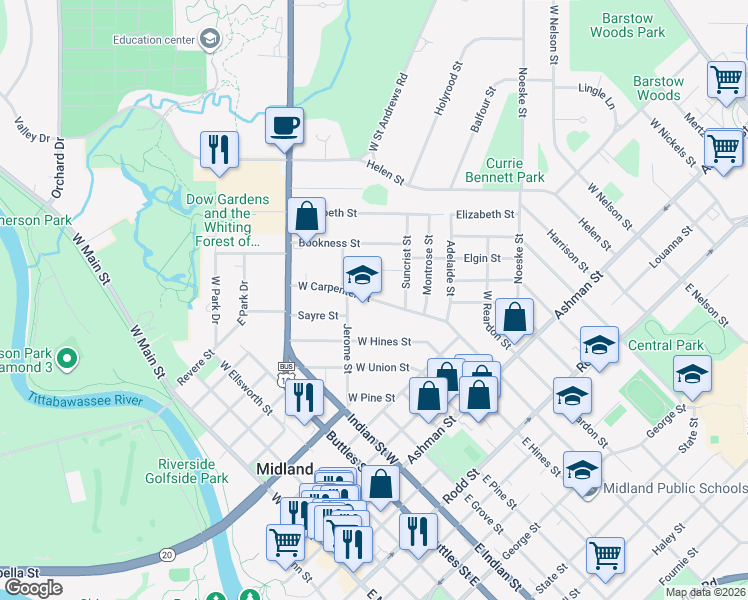 map of restaurants, bars, coffee shops, grocery stores, and more near 1407 West Carpenter Street in Midland