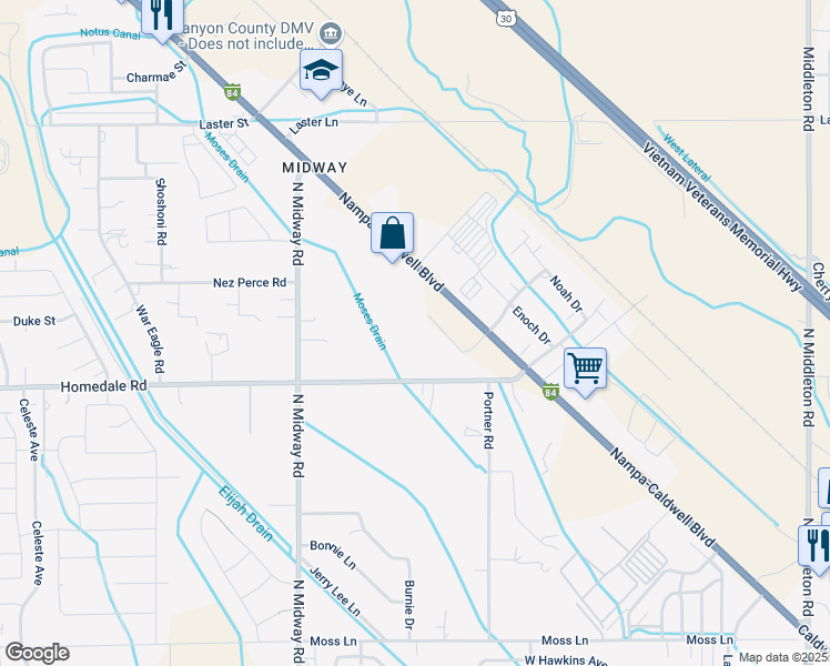 map of restaurants, bars, coffee shops, grocery stores, and more near 401 Canyon Village Lane in Caldwell