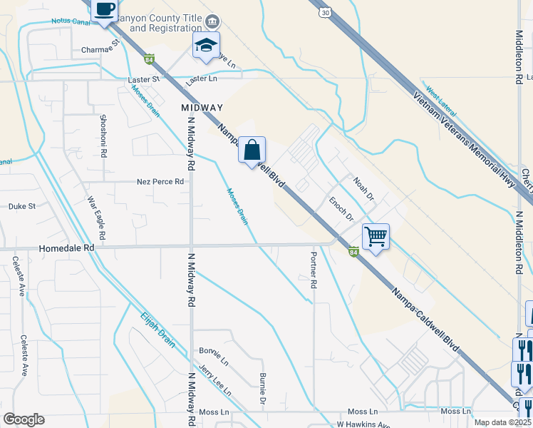 map of restaurants, bars, coffee shops, grocery stores, and more near 6804 Cleveland Boulevard in Caldwell