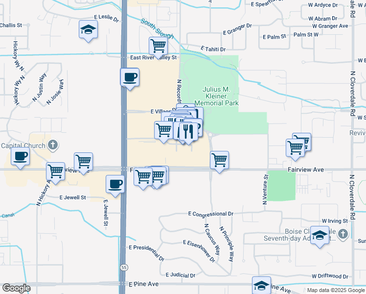 map of restaurants, bars, coffee shops, grocery stores, and more near 3635 East Longwing Lane in Meridian