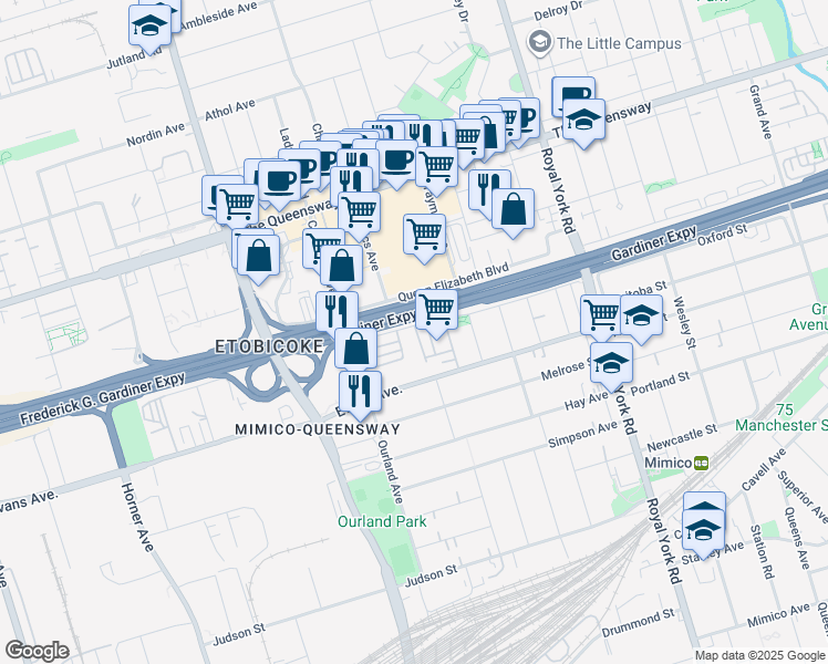 map of restaurants, bars, coffee shops, grocery stores, and more near 68 Superior Creek Lane in Toronto