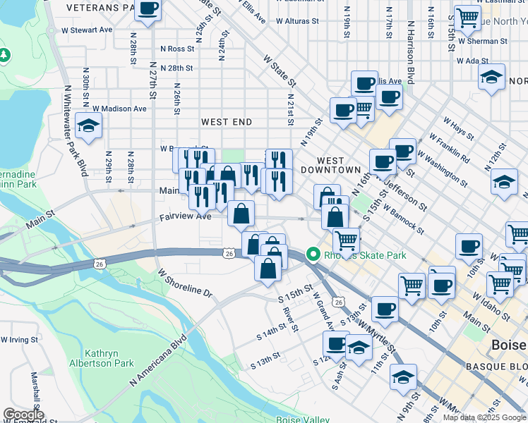 map of restaurants, bars, coffee shops, grocery stores, and more near 2227 West Main Street in Boise