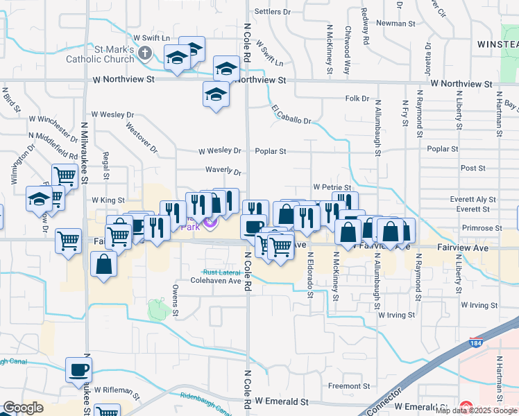map of restaurants, bars, coffee shops, grocery stores, and more near 1800 North Cole Road in Boise