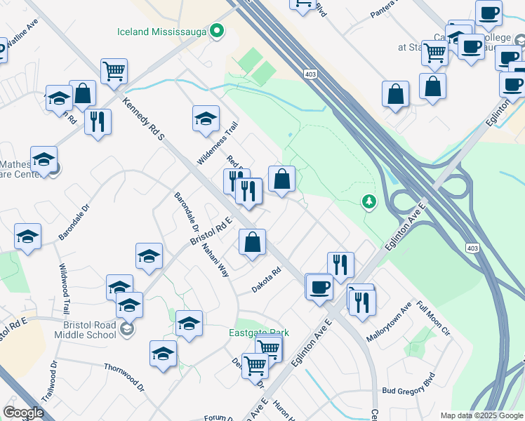map of restaurants, bars, coffee shops, grocery stores, and more near in Mississauga