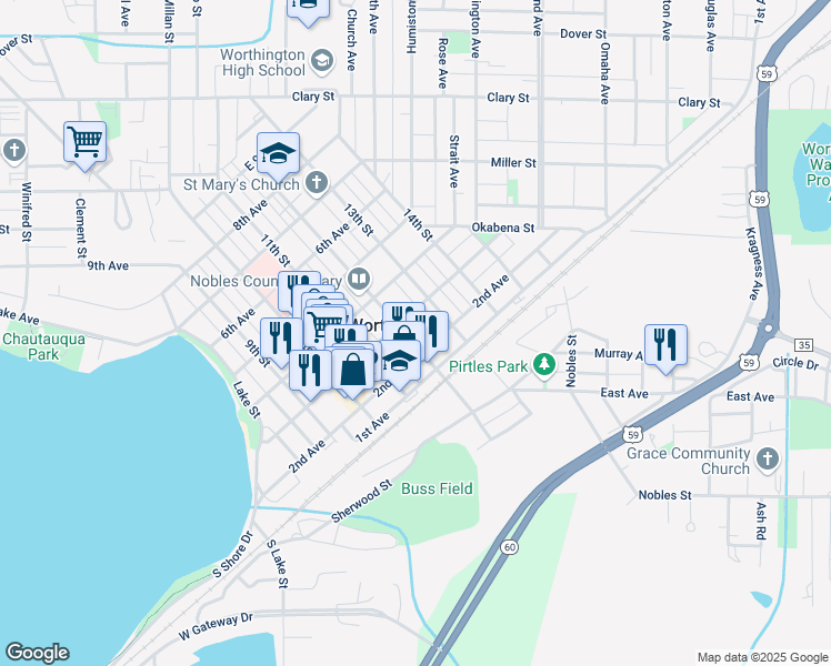 map of restaurants, bars, coffee shops, grocery stores, and more near in Worthington