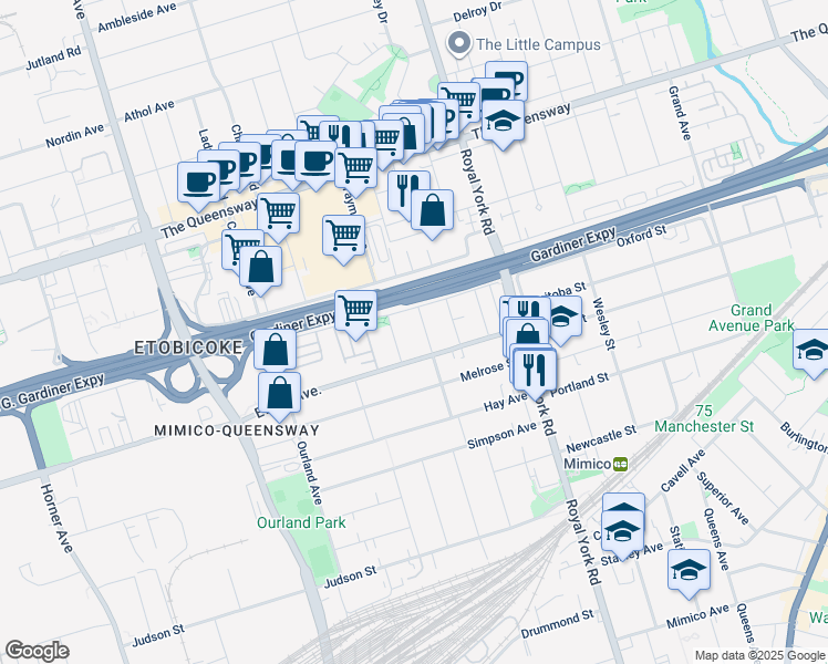 map of restaurants, bars, coffee shops, grocery stores, and more near 19 Carnarvon Avenue in Toronto