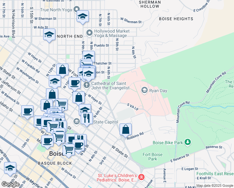 map of restaurants, bars, coffee shops, grocery stores, and more near 550 West Fort Street in Boise