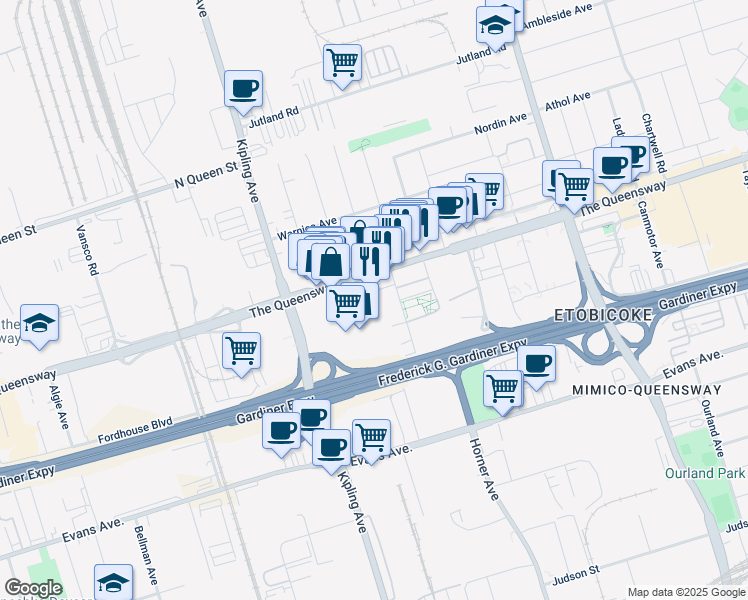 map of restaurants, bars, coffee shops, grocery stores, and more near 1255 The Queensway in Toronto