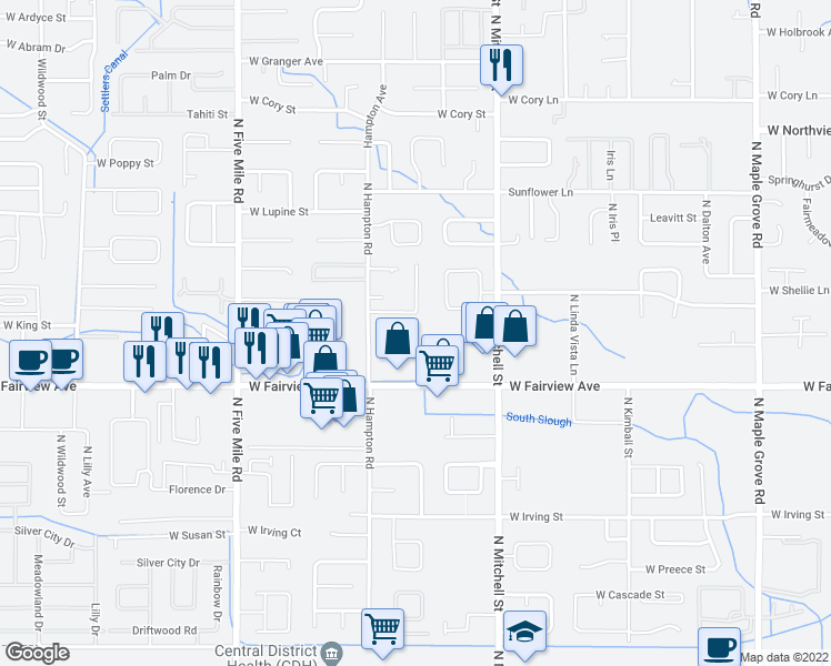 map of restaurants, bars, coffee shops, grocery stores, and more near 10054 West Garverdale Lane in Boise