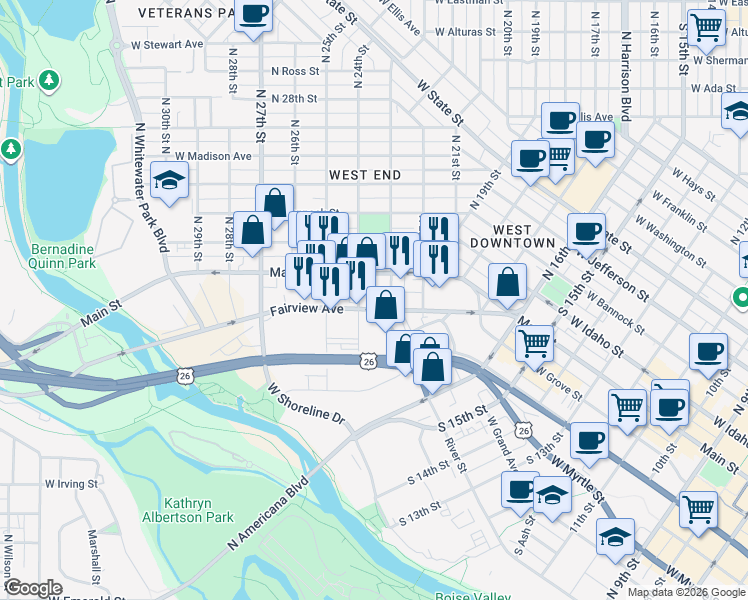 map of restaurants, bars, coffee shops, grocery stores, and more near 2301 West Main Street in Boise