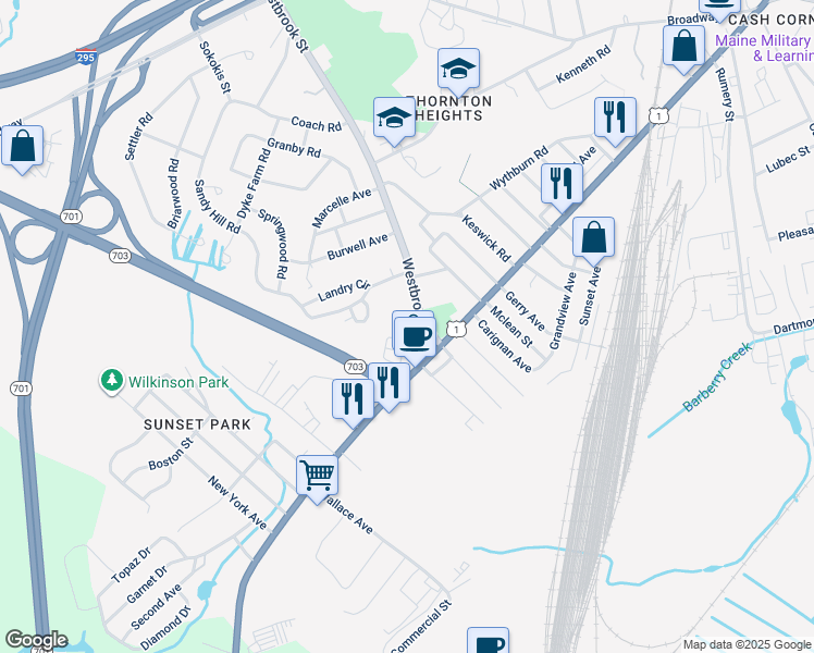 map of restaurants, bars, coffee shops, grocery stores, and more near 44 Westbrook Saint Dead End in South Portland