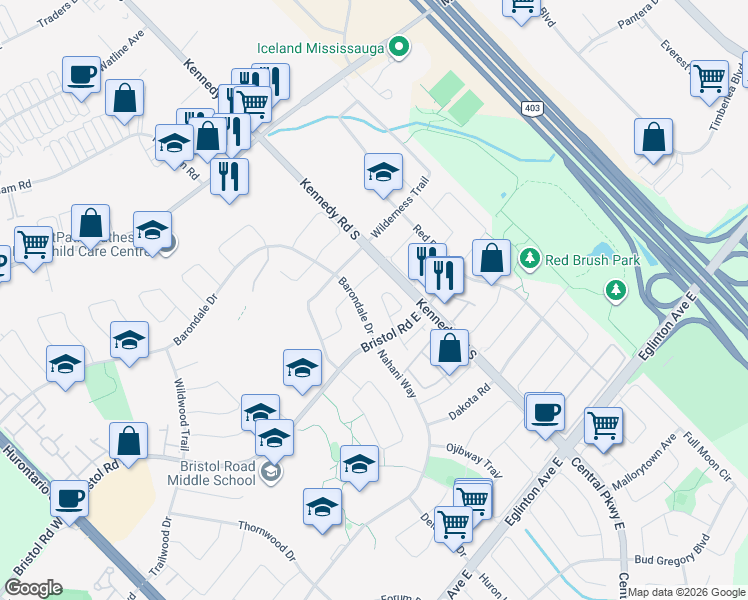 map of restaurants, bars, coffee shops, grocery stores, and more near 5352 Byford Place in Mississauga