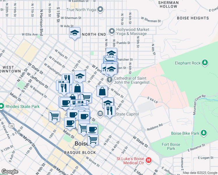 map of restaurants, bars, coffee shops, grocery stores, and more near in Boise