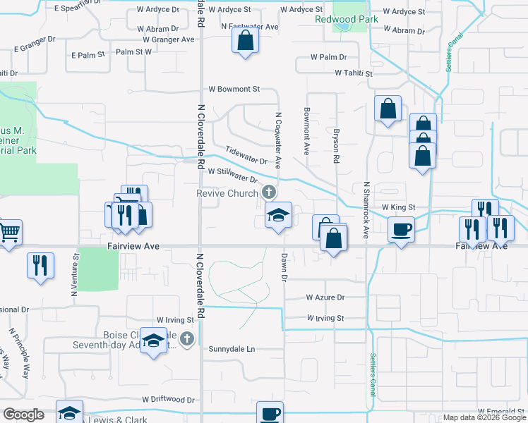 map of restaurants, bars, coffee shops, grocery stores, and more near 1846 North Dawn Place in Boise