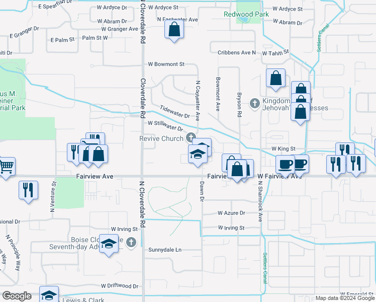 map of restaurants, bars, coffee shops, grocery stores, and more near 1846 North Dawn Place in Boise