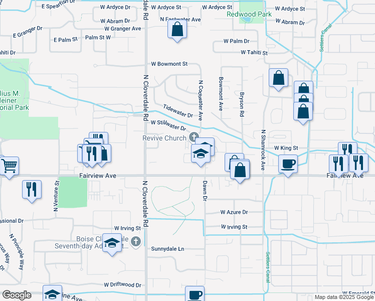 map of restaurants, bars, coffee shops, grocery stores, and more near 1846 North Dawn Place in Boise