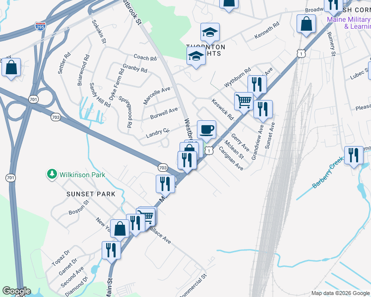 map of restaurants, bars, coffee shops, grocery stores, and more near 66 Westbrook Street in South Portland