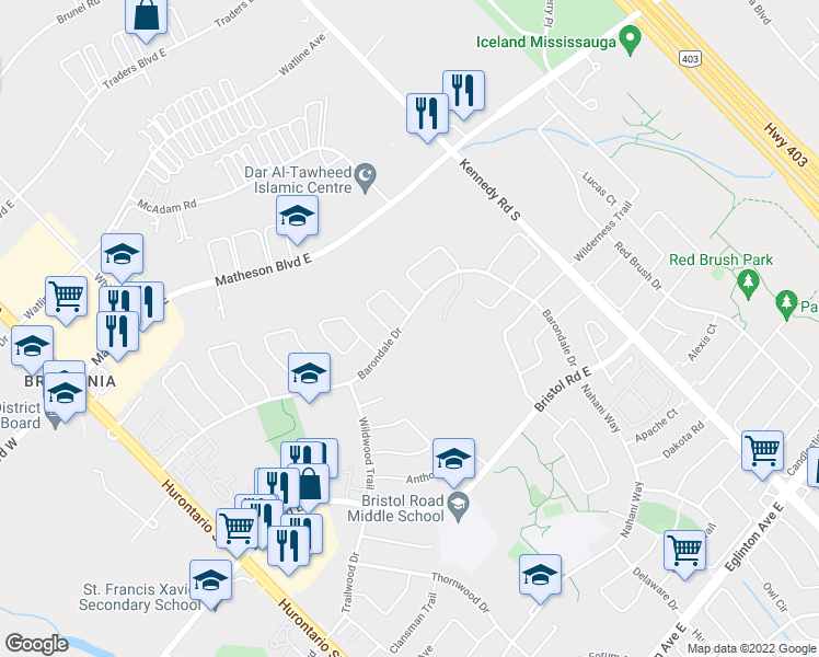 map of restaurants, bars, coffee shops, grocery stores, and more near 304 Barondale Drive in Mississauga