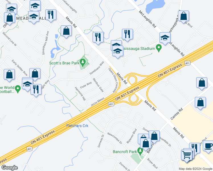 map of restaurants, bars, coffee shops, grocery stores, and more near 786 Fable Crescent in Mississauga