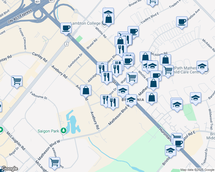 map of restaurants, bars, coffee shops, grocery stores, and more near 5770 Hurontario Street in Mississauga