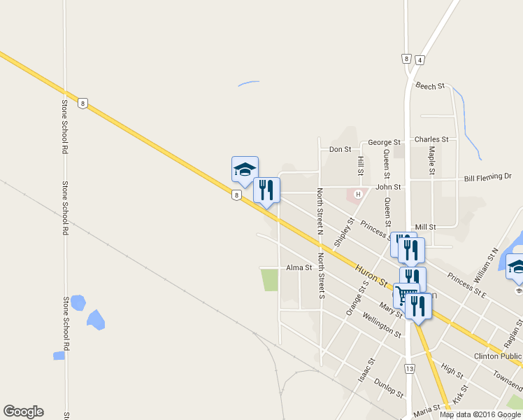 map of restaurants, bars, coffee shops, grocery stores, and more near 1443 Huron Street in Exeter