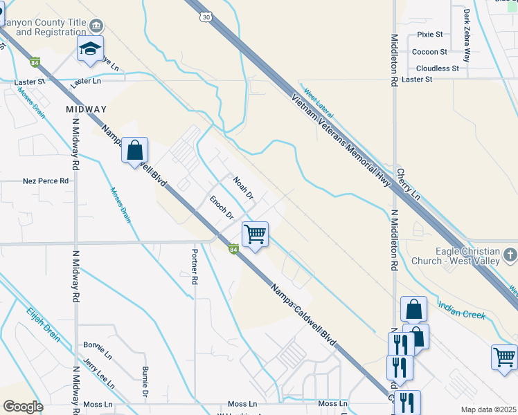 map of restaurants, bars, coffee shops, grocery stores, and more near 115 Isaiah Way in Caldwell