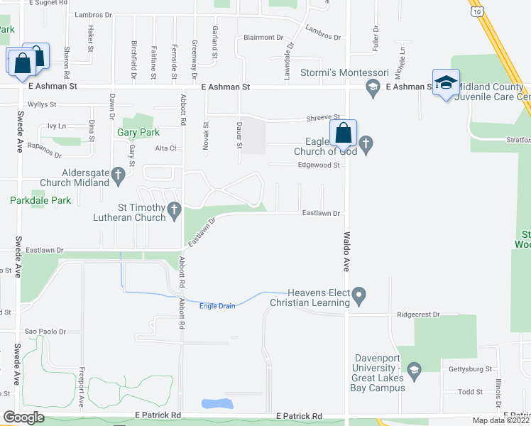 map of restaurants, bars, coffee shops, grocery stores, and more near 2327 Eastlawn Drive in Midland