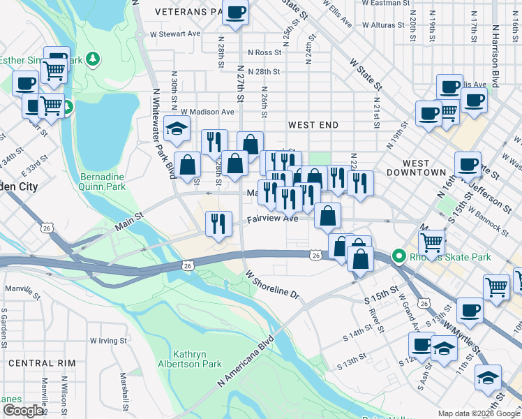 map of restaurants, bars, coffee shops, grocery stores, and more near 2633 W Main St in Boise
