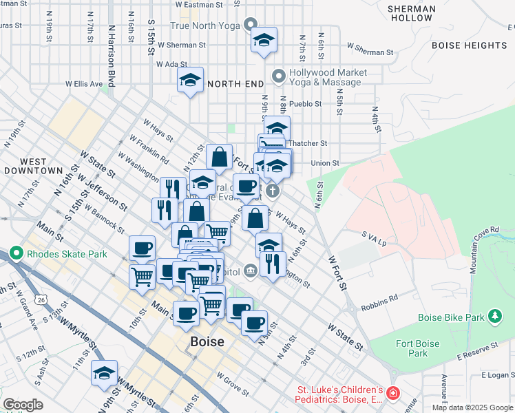 map of restaurants, bars, coffee shops, grocery stores, and more near 815 West Hays Street in Boise