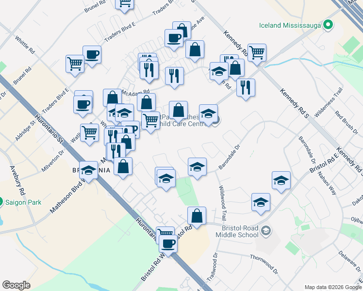 map of restaurants, bars, coffee shops, grocery stores, and more near 5550 Cosmic Crescent in Mississauga