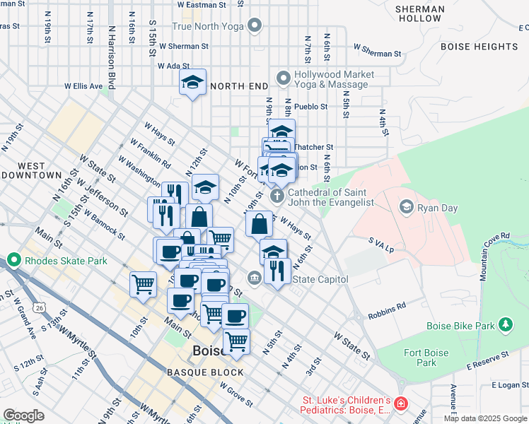 map of restaurants, bars, coffee shops, grocery stores, and more near in Boise