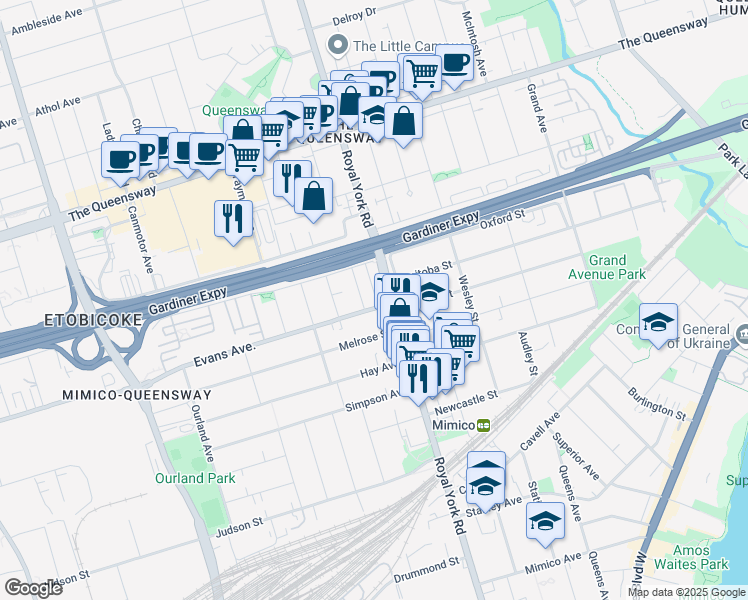 map of restaurants, bars, coffee shops, grocery stores, and more near 2 Evans Avenue in Toronto