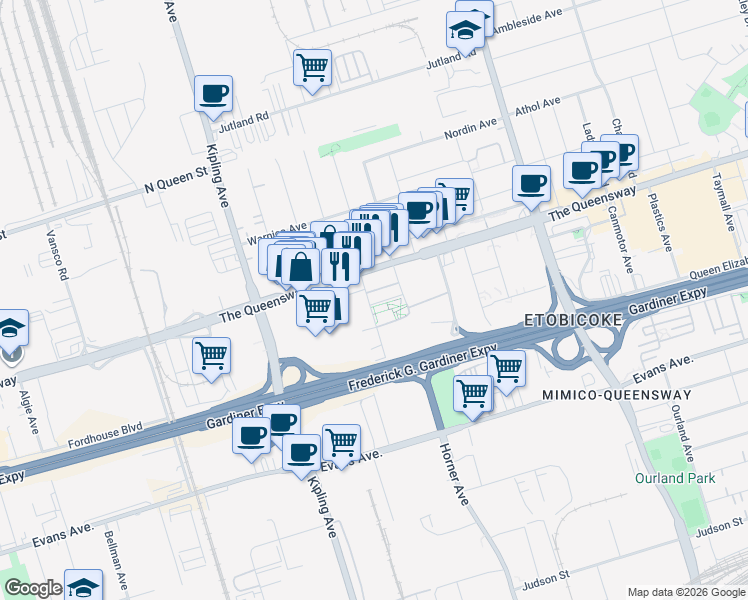 map of restaurants, bars, coffee shops, grocery stores, and more near 15 Zorra Street in Toronto