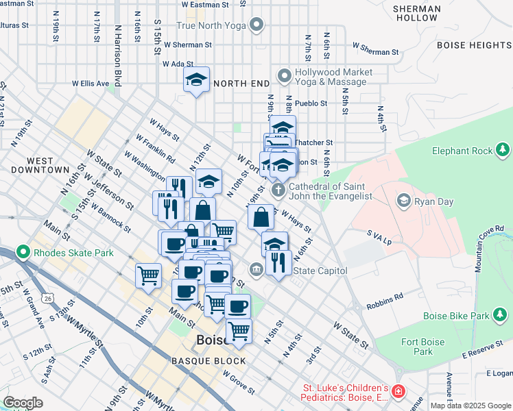 map of restaurants, bars, coffee shops, grocery stores, and more near in Boise