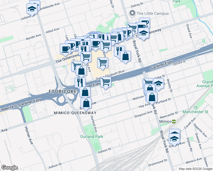 map of restaurants, bars, coffee shops, grocery stores, and more near 50 San Remo Terrace in Toronto