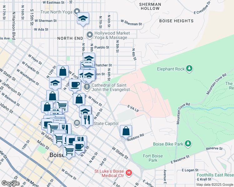map of restaurants, bars, coffee shops, grocery stores, and more near 550 West Fort Street in Boise