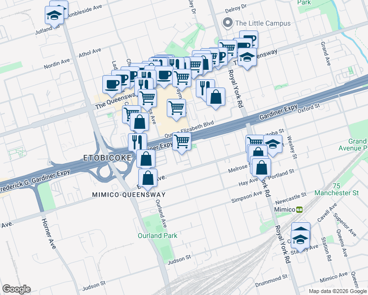 map of restaurants, bars, coffee shops, grocery stores, and more near 50 San Remo Terrace in Toronto