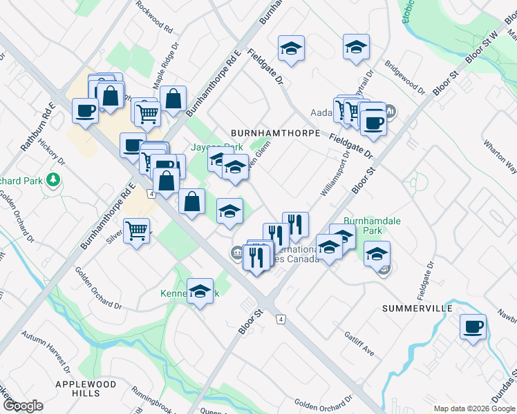 map of restaurants, bars, coffee shops, grocery stores, and more near 3480 Havenwood Drive in Mississauga