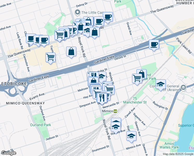 map of restaurants, bars, coffee shops, grocery stores, and more near 18b Algoma Street in Toronto