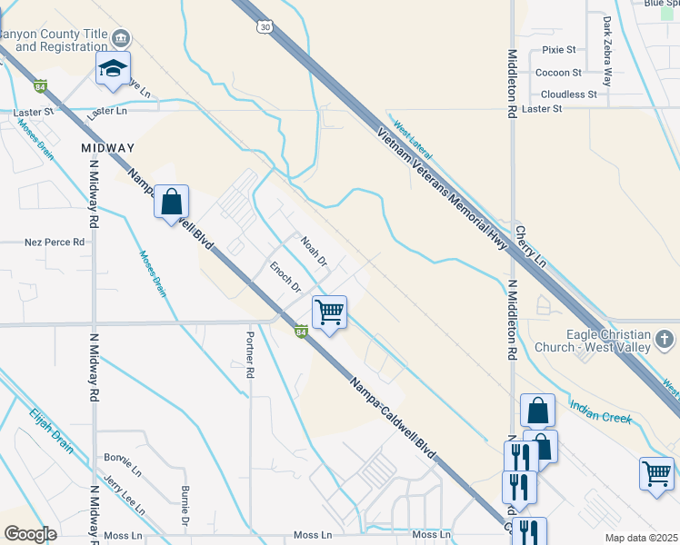 map of restaurants, bars, coffee shops, grocery stores, and more near 109 Isaiah Place in Caldwell