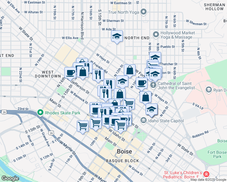 map of restaurants, bars, coffee shops, grocery stores, and more near 1107 West Washington Street in Boise
