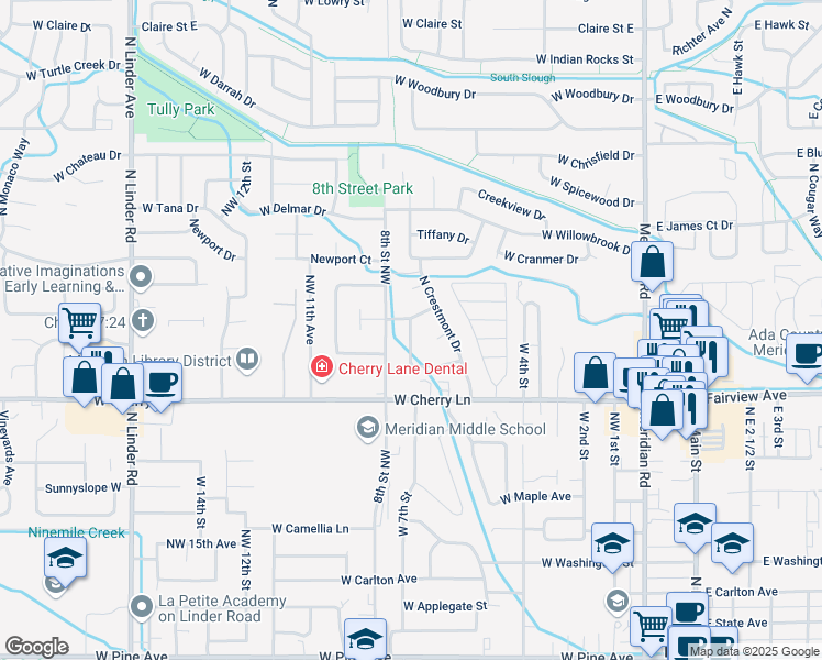 map of restaurants, bars, coffee shops, grocery stores, and more near 712 McGlinchey Avenue in Meridian