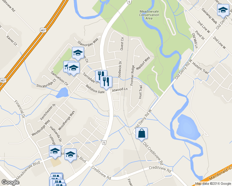 map of restaurants, bars, coffee shops, grocery stores, and more near 7215 Atwood Lane in Mississauga
