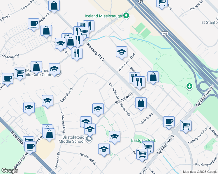 map of restaurants, bars, coffee shops, grocery stores, and more near 5437 Royal Aberdeen Drive in Mississauga