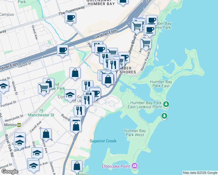 map of restaurants, bars, coffee shops, grocery stores, and more near 2240 Lake Shore Boulevard West in Toronto