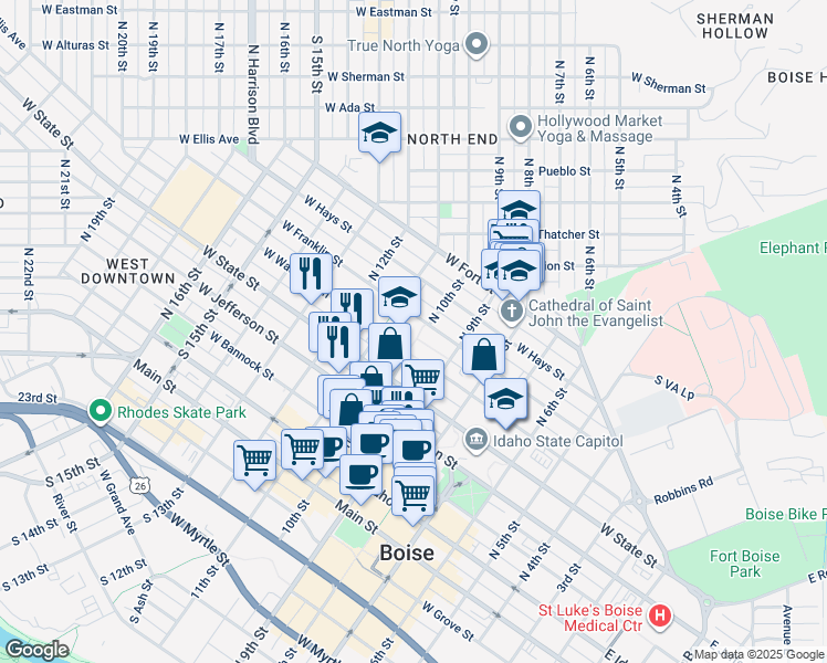 map of restaurants, bars, coffee shops, grocery stores, and more near 1908 West Washington Street in Boise